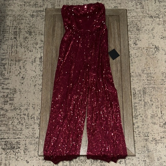 Lulus Glorious Vision Wine Red Sequin Strapless Wide-Leg Jumpsuit - Picture 2 of 12